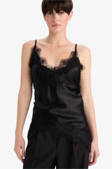 Regular Fit V Neck Lace Detail Satin Thin Strappy Blouse