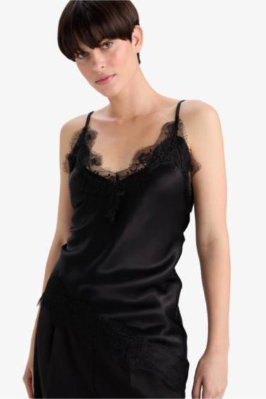 Regular Fit V Neck Lace Detail Satin Thin Strappy Blouse