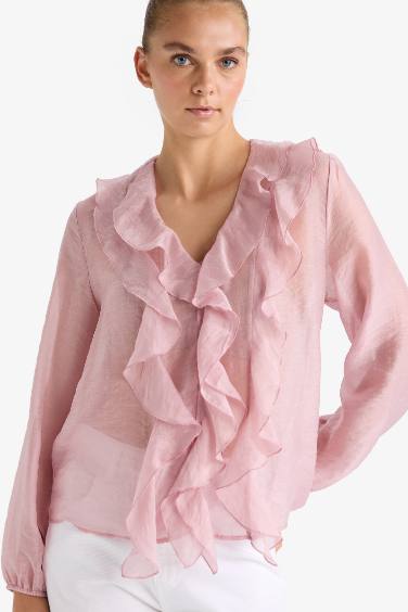 Overshirt Fit Modal Ruffle Long Sleeve Blouse
