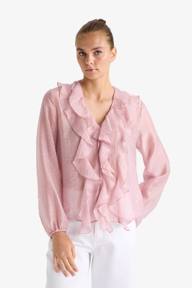 Overshirt Fit Modal Ruffle Long Sleeve Blouse