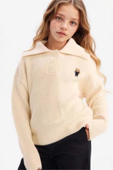 Polo Yaka Nakışlı Triko Kazak Kız Çocuk