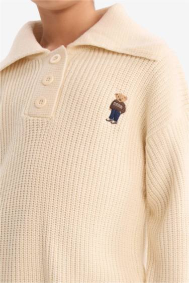 Kız Çocuk Polo Yaka Nakışlı Triko Kazak