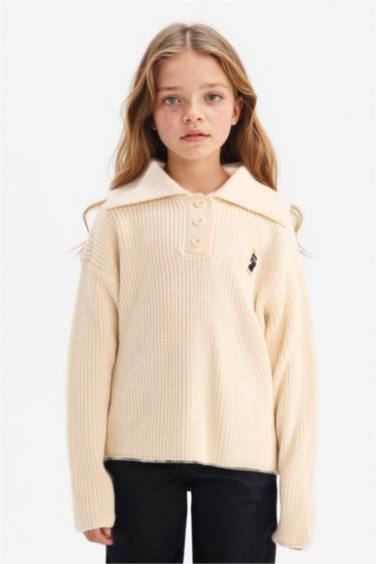 Polo Yaka Nakışlı Triko Kazak Kız Çocuk