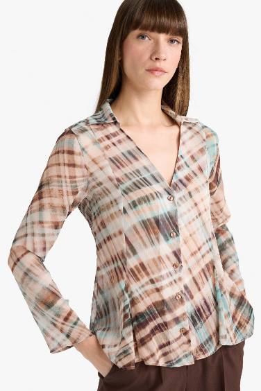 Slim Fit V-Neck Chiffon Plaid Long Sleeve Shirt