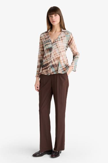 Slim Fit V-Neck Chiffon Plaid Long Sleeve Shirt