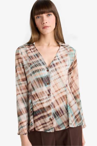 Slim Fit V-Neck Chiffon Plaid Long Sleeve Shirt