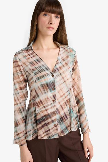 Slim Fit V-Neck Chiffon Plaid Long Sleeve Shirt