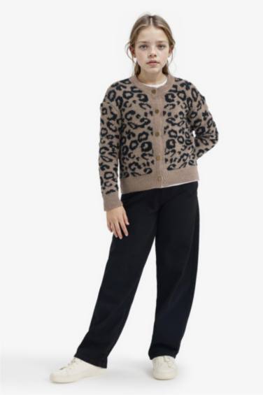Girl Leopard Print Buttoned Cardigan