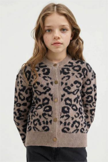 Kız Çocuk Leopar Desenli Düğmeli Hırka