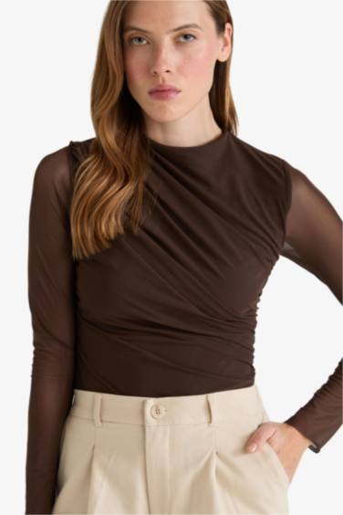 Slim Fit Dar Kesim Tül Uzun Kollu Çıtçıtlı Body