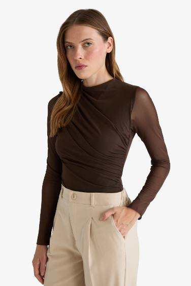 Slim Fit Dar Kesim Tül Uzun Kollu Çıtçıtlı Body