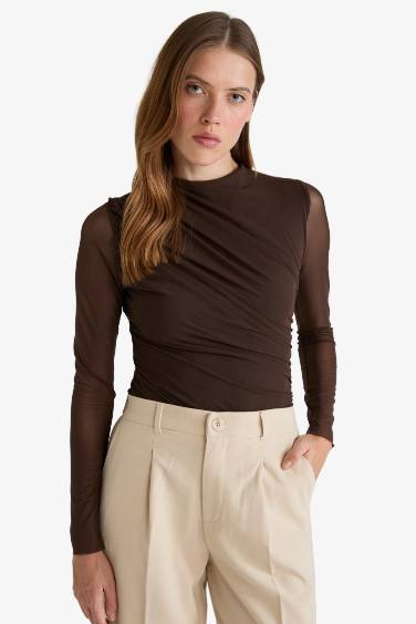 Slim Fit Dar Kesim Tül Uzun Kollu Çıtçıtlı Body