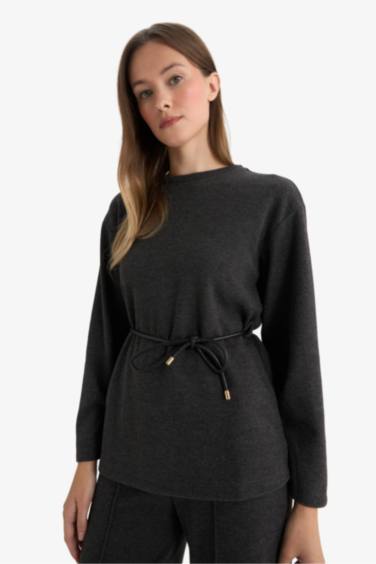 Regular Fit Bisiklet Yaka Selanik Kumaş Uzun Kollu Tişört