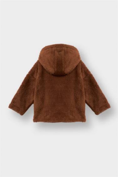 Erkek Bebek Nakışlı Kapüşonlu Fermuarlı Pelüş Hırka