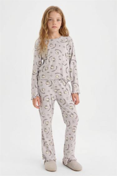 Kız Çocuk Hello Kitty Pijama Takımı Wide Leg Fitilli Kaşkorse Uzun Kollu Üst Uzun Alt