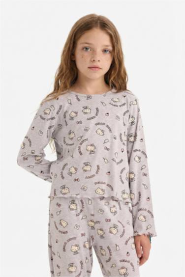 Kız Çocuk Hello Kitty Pijama Takımı Wide Leg Fitilli Kaşkorse Uzun Kollu Üst Uzun Alt