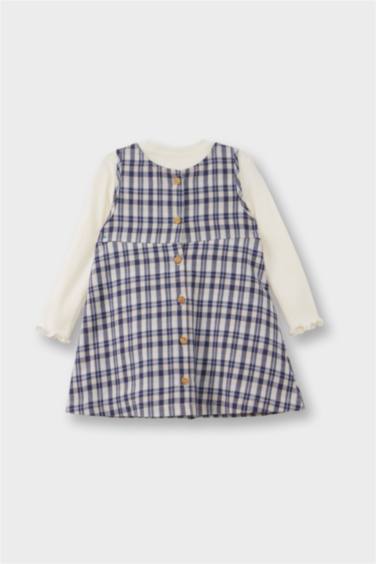 Kız Bebek 2'li Takım Uzun Kollu Tişört Kareli Elbise