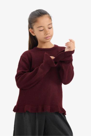 Kız Çocuk Bisiklet Yaka Volanlı Triko Kazak