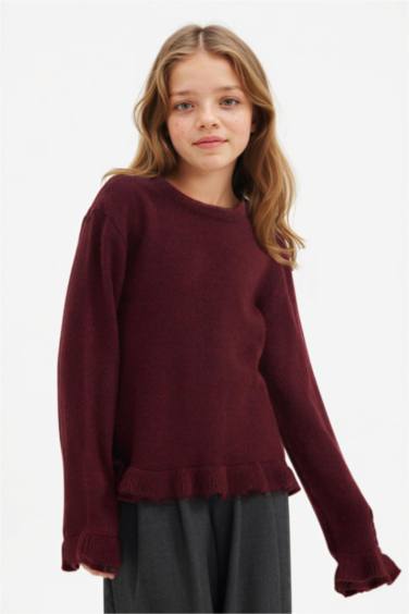 Kız Çocuk Bisiklet Yaka Volanlı Triko Kazak