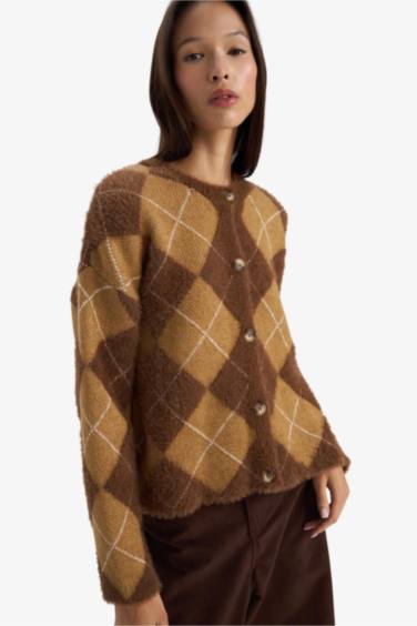 Regular Fit Bisiklet Yaka Baklava Desenli Düğmeli Triko Hırka