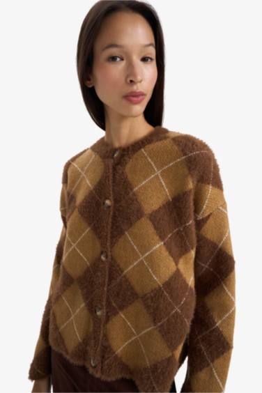 Regular Fit Bisiklet Yaka Baklava Desenli Düğmeli Triko Hırka