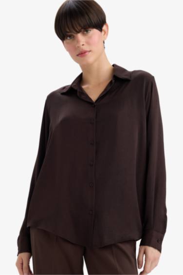 Regular Fit Shirt Collar Satin Long Sleeve Shirt