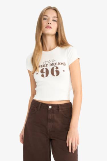 Fitted Crew Neck Printed Ribbed T-Shirt