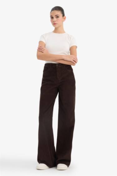 Wide Leg Çift Cepli Yüksek Bel Geniş Paça Kadife Pantolon