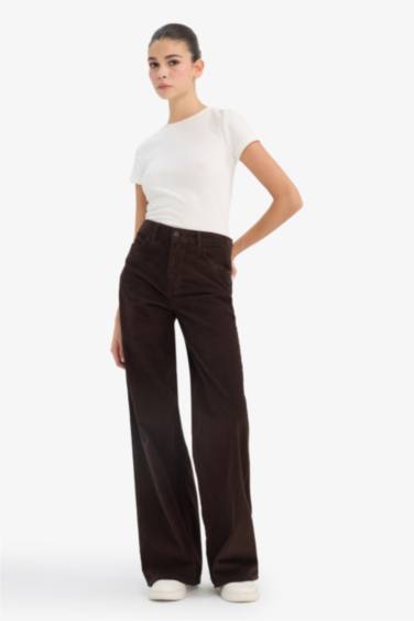 Wide Leg Çift Cepli Yüksek Bel Geniş Paça Kadife Pantolon