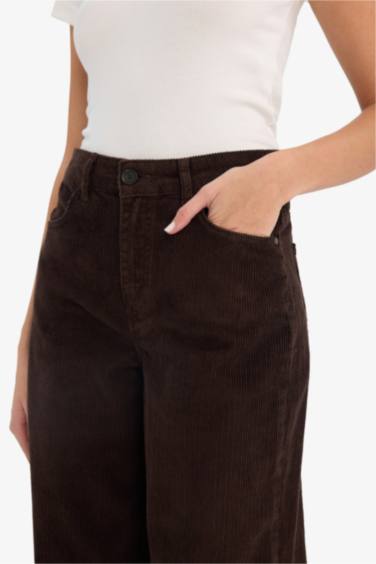 Wide Leg Çift Cepli Yüksek Bel Geniş Paça Kadife Pantolon