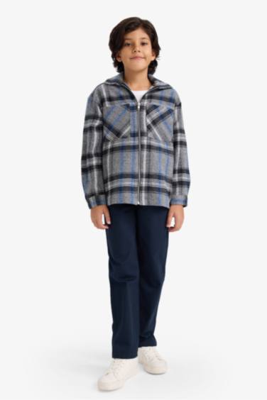 Erkek Çocuk Polo Yaka Ekose Desenli Fermuarlı Flanel Ceket