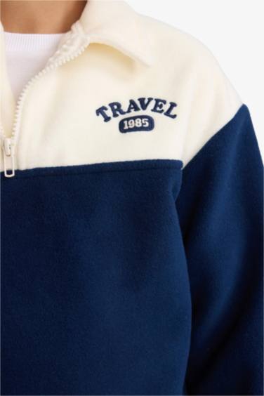 Erkek Çocuk Oversize Geniş Kalıp Polo Yaka Yarım Fermuarlı Baskılı Polar Sweatshirt