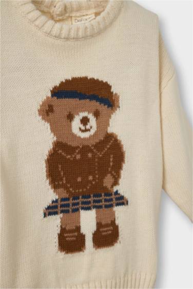 Kız Bebek Büyük Yaka Ayı Baskılı Triko Kazak