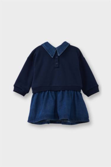 Kız Bebek Gömlek Yaka Ayı Baskılı Uzun Kollu Sweatshirt Elbise