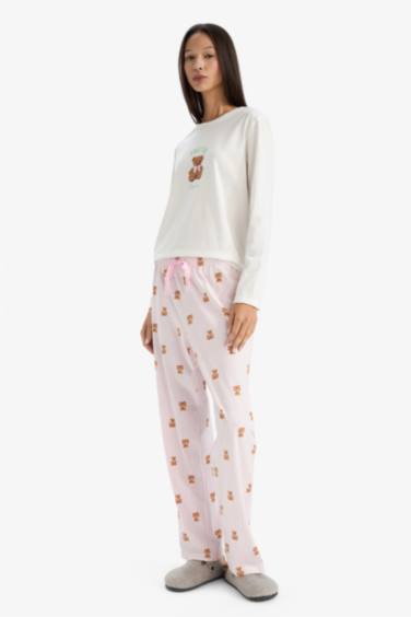 Pijama Takımı Regular Fit Ayı Baskılı Uzun Kollu Üst Desenli Uzun Alt-Fall in Love