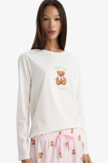 Pijama Takımı Regular Fit Ayı Baskılı Uzun Kollu Üst Desenli Uzun Alt-Fall in Love