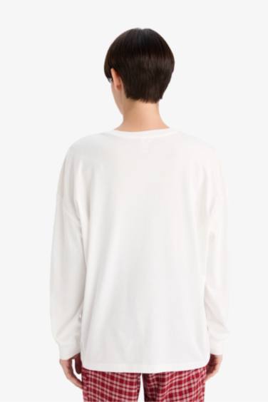 %100 Pamuk Regular Fıt Baskılı Uzun Kollu Pijama Üstü - Görsel 6