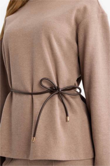 Regular Fit Bisiklet Yaka Bağlama Detaylı Selanik Uzun Kollu Bluz