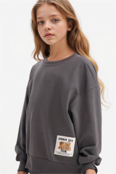 Kız Çocuk Oversize Geniş Kalıp Bisiklet Yaka Sırt Baskılı Sweatshirt