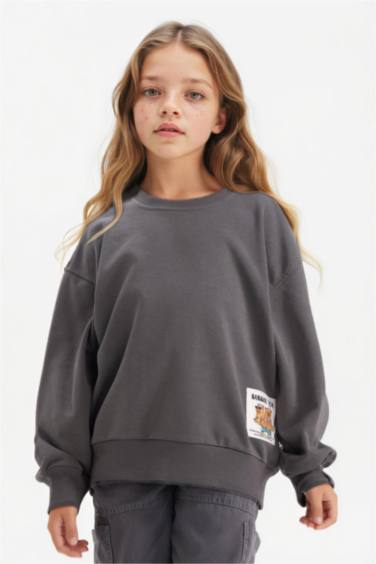 Kız Çocuk Oversize Geniş Kalıp Bisiklet Yaka Sırt Baskılı Sweatshirt