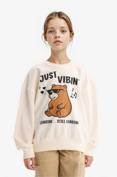 Kız Çocuk Relax Fit Bisiklet Yaka Baskılı Sweatshirt