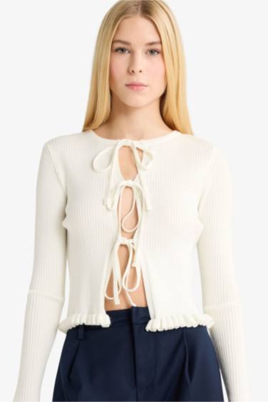 Slim Fit Crew Neck Tie Front Cardigan