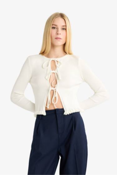 Slim Fit Crew Neck Tie Front Cardigan