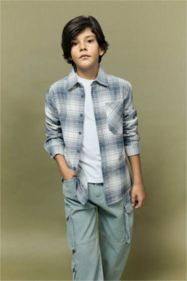 قميص كاروهات ولادي ردن طويل فلانيل اوفر سايز بياخة بولو