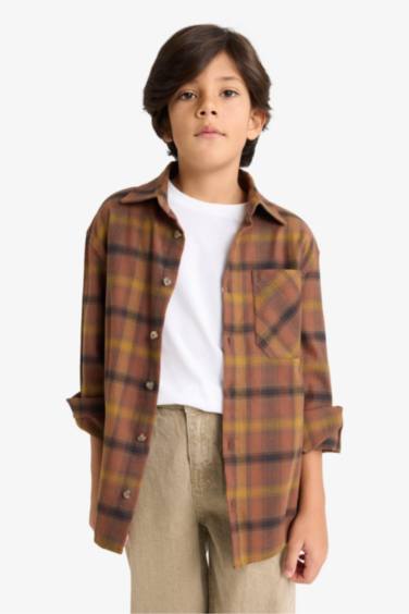 Erkek Çocuk Oversize Geniş Kalıp Polo Yaka Kareli Flanel Uzun Kollu Gömlek