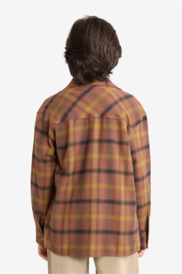 Erkek Çocuk Oversize Geniş Kalıp Polo Yaka Kareli Flanel Uzun Kollu Gömlek