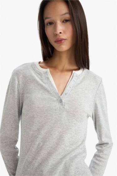 Slim Fit Dar Kesim Düğmeli Yaka Ribana Uzun Kollu Tişört