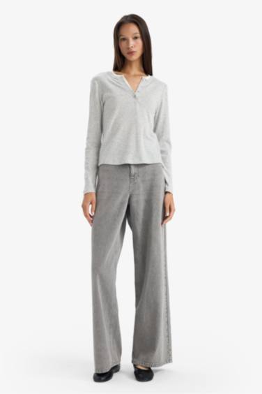 Slim Fit Dar Kesim Düğmeli Yaka Ribana Uzun Kollu Tişört