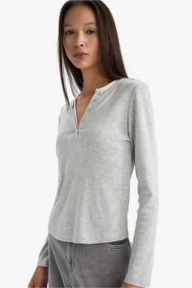 Slim Fit Dar Kesim Düğmeli Yaka Ribana Uzun Kollu Tişört