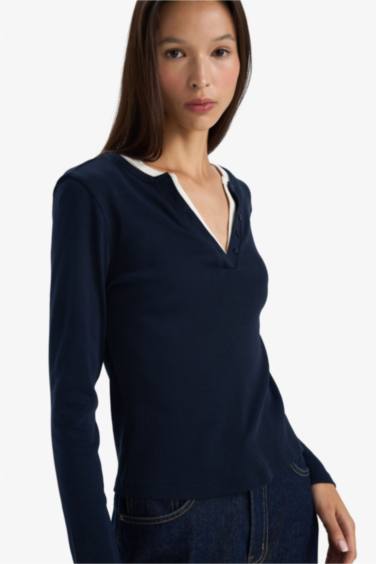 Slim Fit Dar Kesim Düğmeli Yaka Ribana Uzun Kollu Tişört